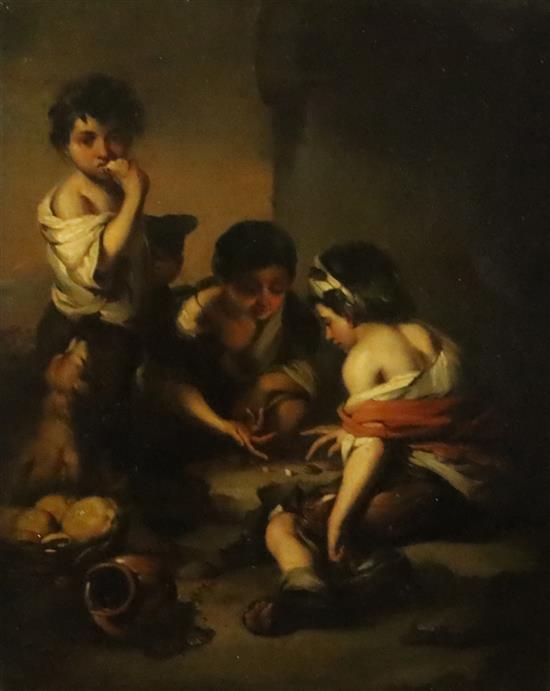 After Murillo, oil on zinc, Children playing dice, 28 x 23cm